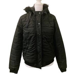 J2 by Jou Jou Winter Puff Jacket Black Faux Fur Hoody Lined Size Large